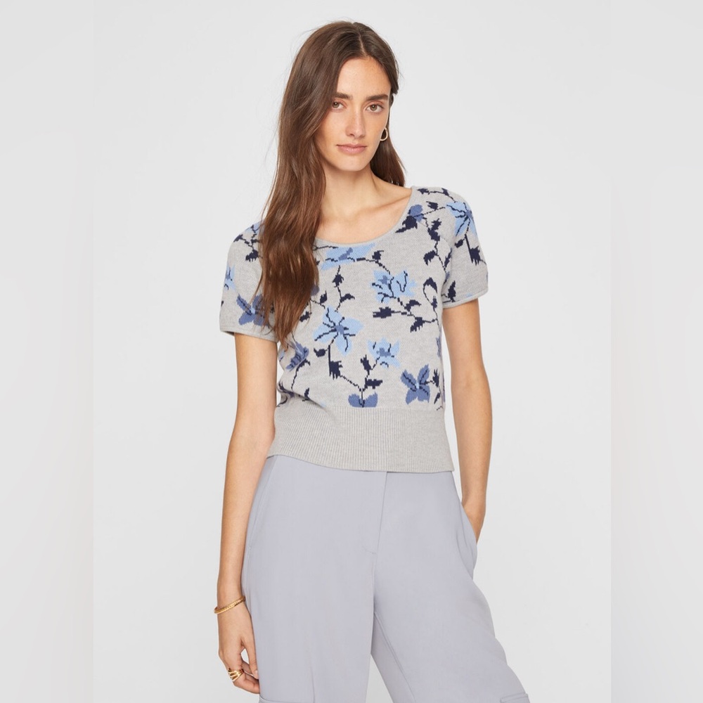 CLUB MONACO Wool Floral Jacquard Knit Tee-Sweater Scoop Neck Grey/Multi Blue M